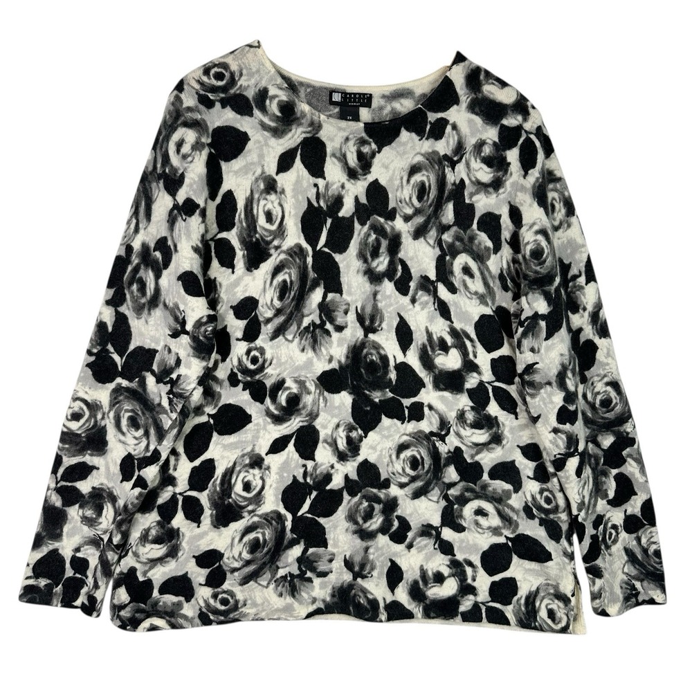 Carole Little Lambs Wool Angora Rabbit Hair Sweater Floral Ivory Black M Cozy